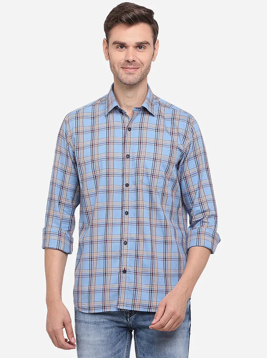 Light Blue Checked Slim Fit Semi Casual Shirt | Greenfibre