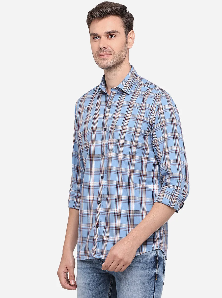 Light Blue Checked Slim Fit Semi Casual Shirt | Greenfibre