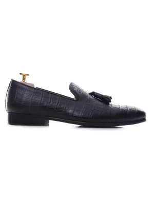 Loafer Slipper - Black Croco Leather