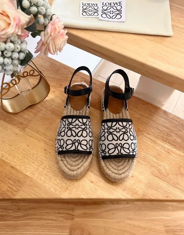 Loew Anagram Black White Beige Leather And Canvas Espadrille Sandals