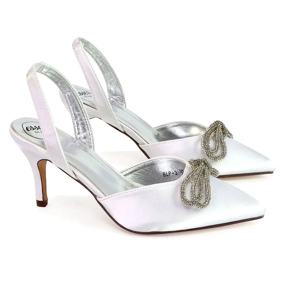 Marinah Wedding Shoes Diamante Bow Slingback Stiletto High Heel Court Shoes in White