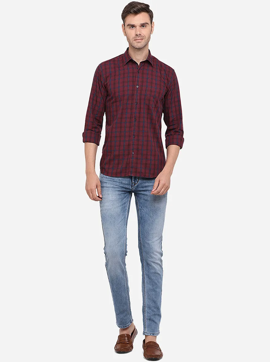 Maroon Checked Slim Fit Semi Casual Shirt | Greenfibre