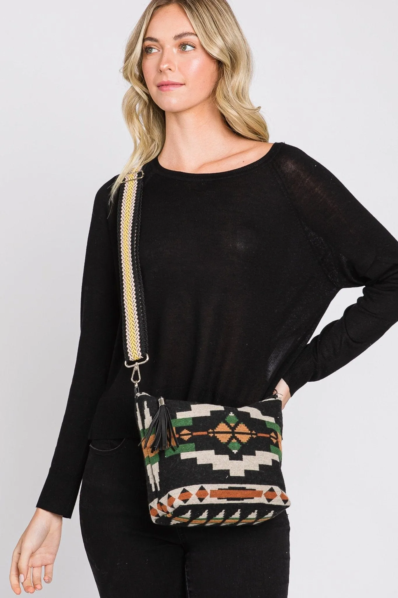 MB0194 Jazmin Felt Aztec Crossbody Bag With Tassel