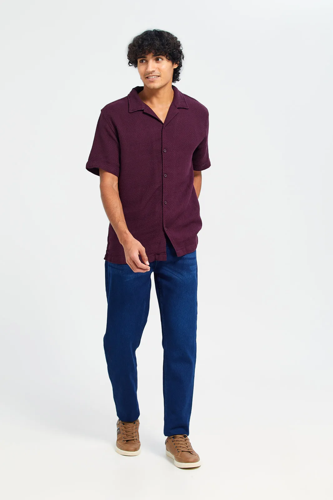 Men Burgundy Jacquard Shirt