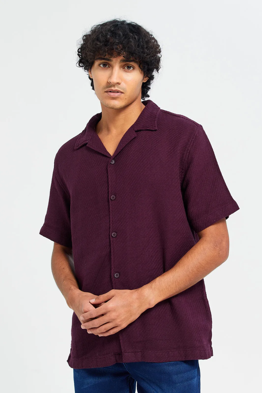 Men Burgundy Jacquard Shirt