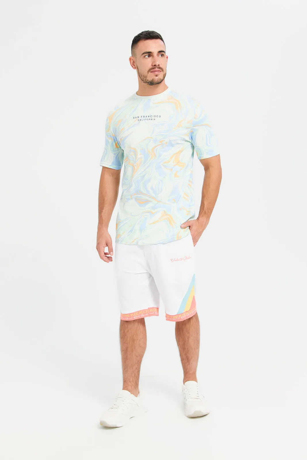 Men White Marble Print T-Shirt