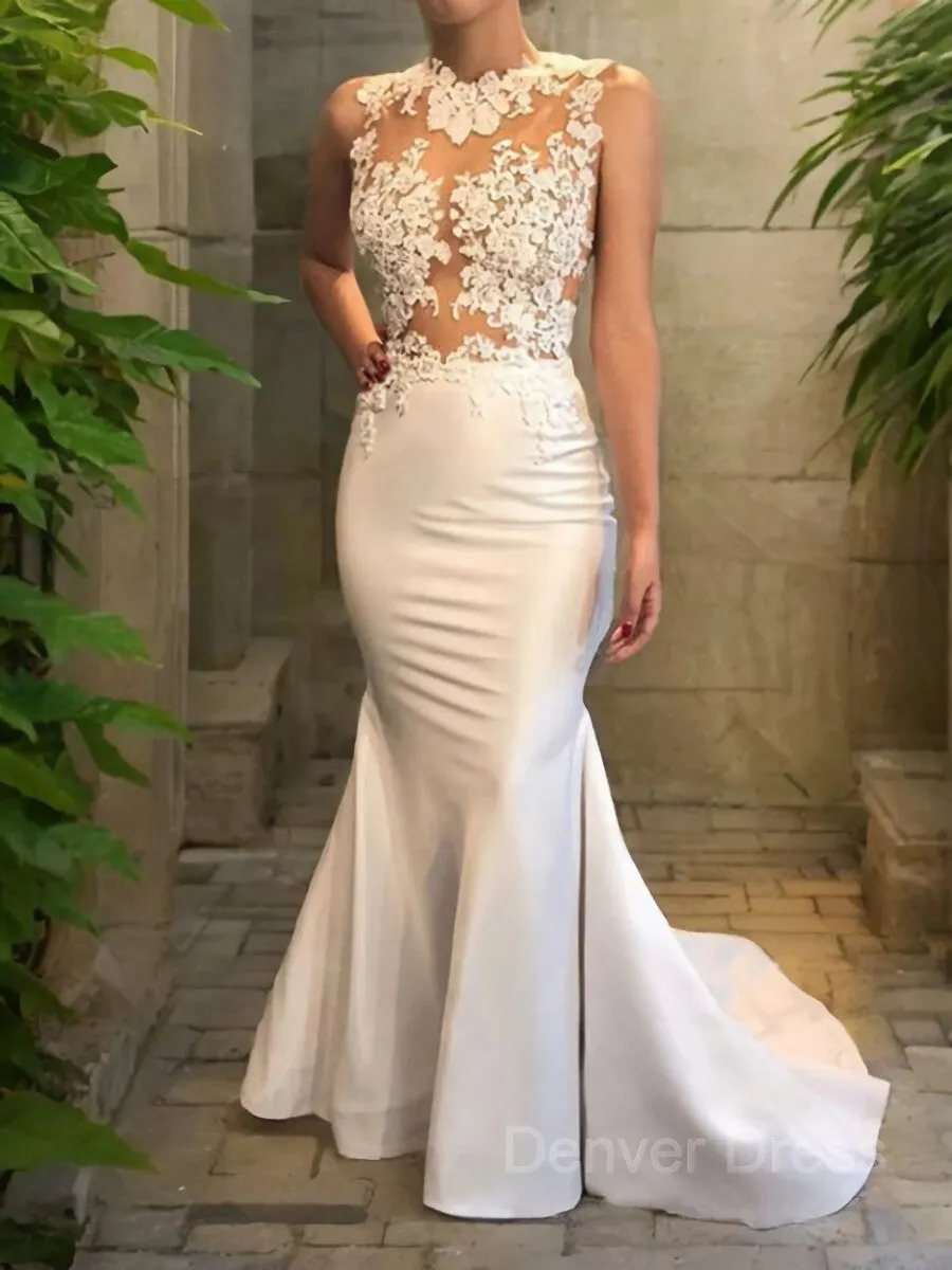 Mermaid Scoop Court Train Satin Wedding Dresses With Appliques Lace