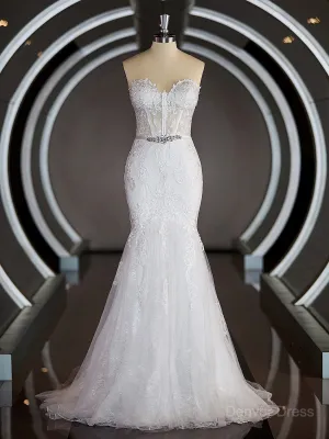 Mermaid Sweetheart Court Train Tulle Wedding Dresses with Appliques Lace