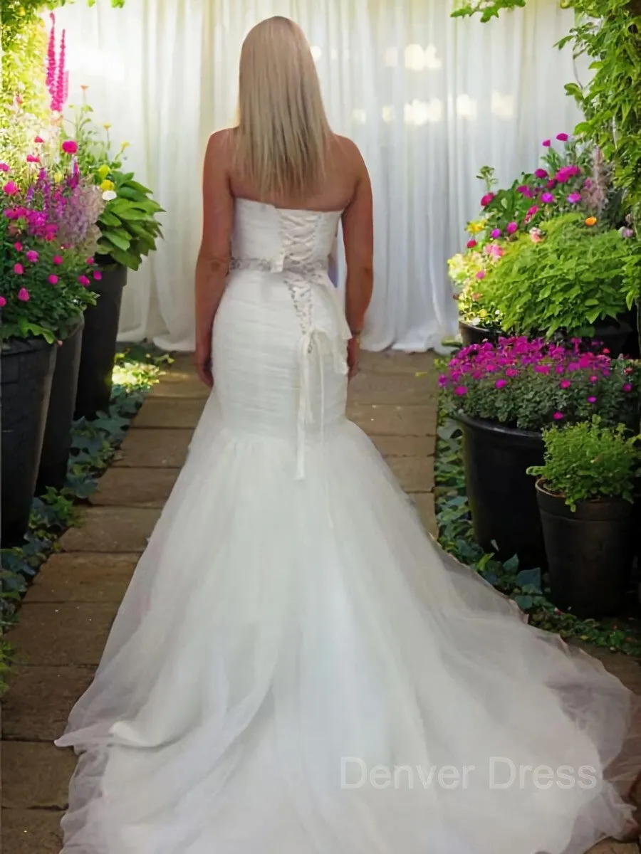 Mermaid Sweetheart Court Train Tulle Wedding Dresses With Beading