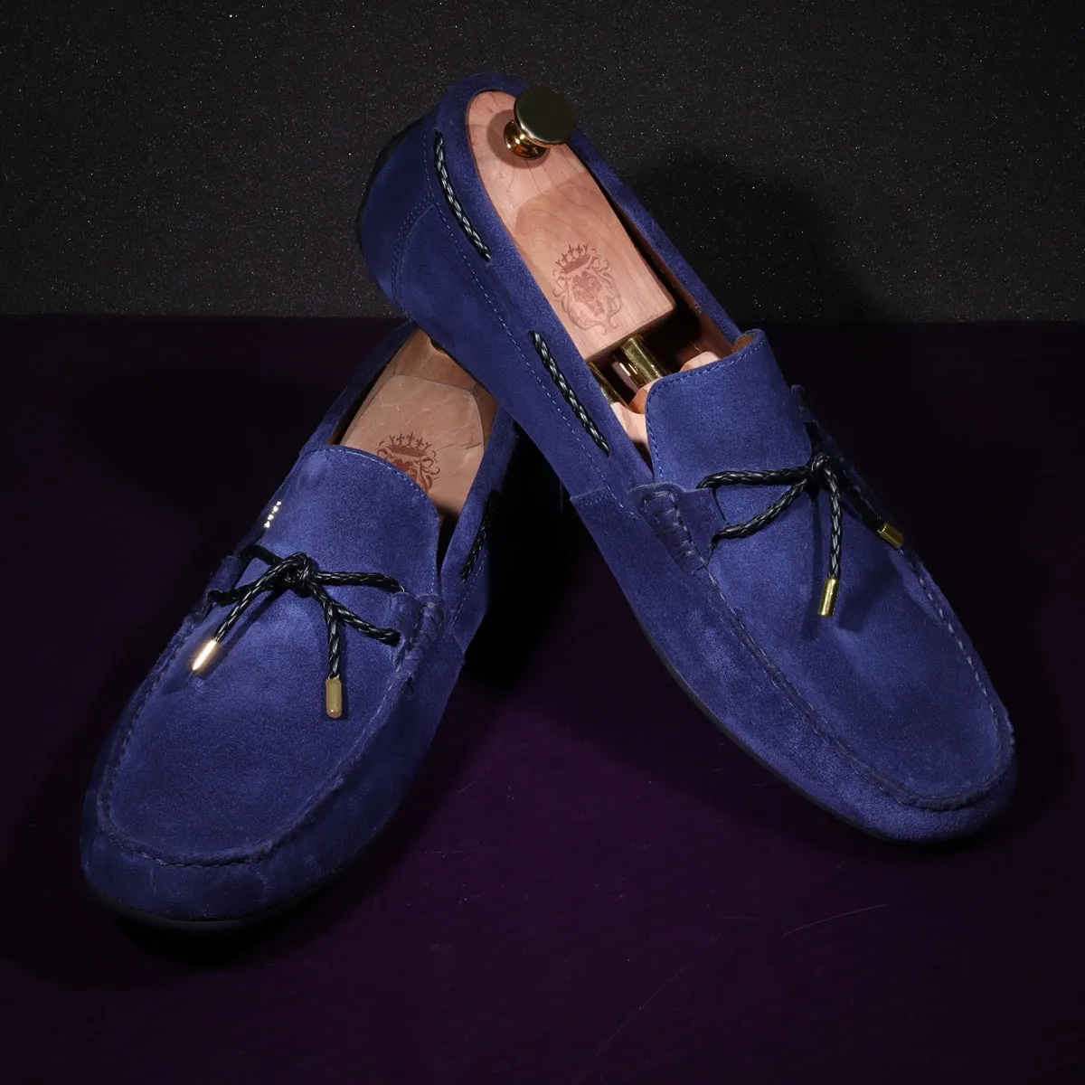 Mini Lion Weaved Tassel Bow Loafers in Blue Suede Leather