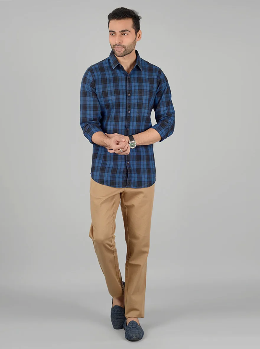 Navy Blue Checked Slim Fit Casual Shirt | JadeBlue