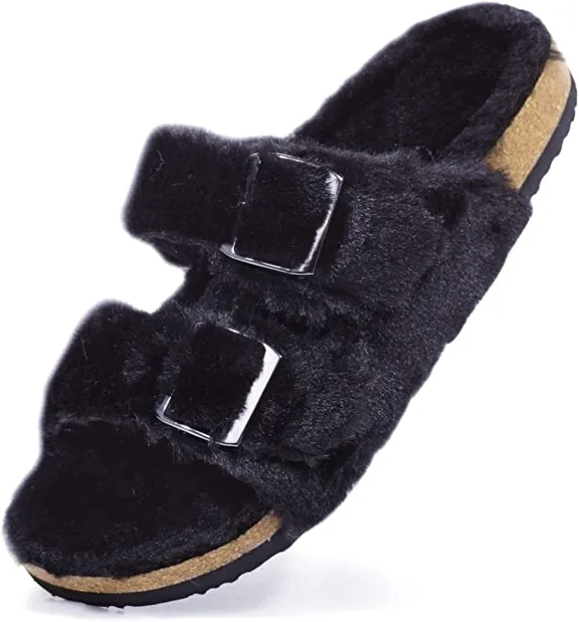 New George Womens Slides Slippers Open Toe Fur Plush Lining Cork Fuzzy Sandals Indoor Outdoor Slip on Cozy House Shoes, Black, Sz 10