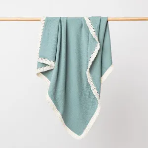 Over The Dandelions Organic Muslin Blanket Boho Tassel Fringe - Sage