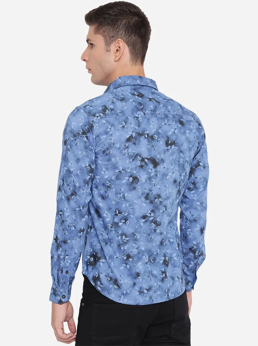 Palace Blue Printed Slim Fit Semi Casual Shirt | Greenfibre