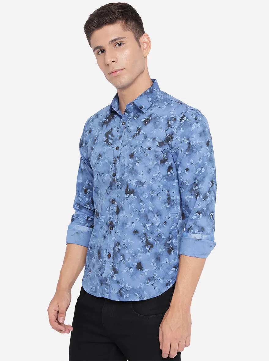 Palace Blue Printed Slim Fit Semi Casual Shirt | Greenfibre