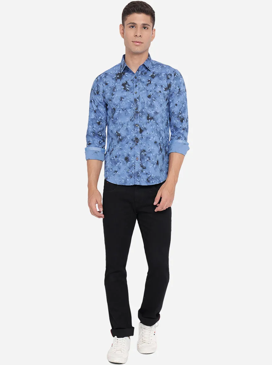 Palace Blue Printed Slim Fit Semi Casual Shirt | Greenfibre