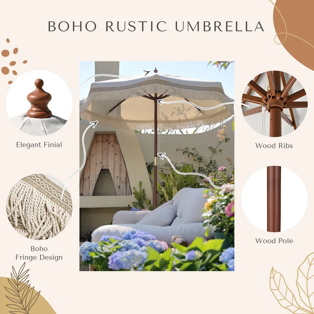 Patio Umbrella Wooden 7ft 8-Rib Tassel Boho 5-10yr