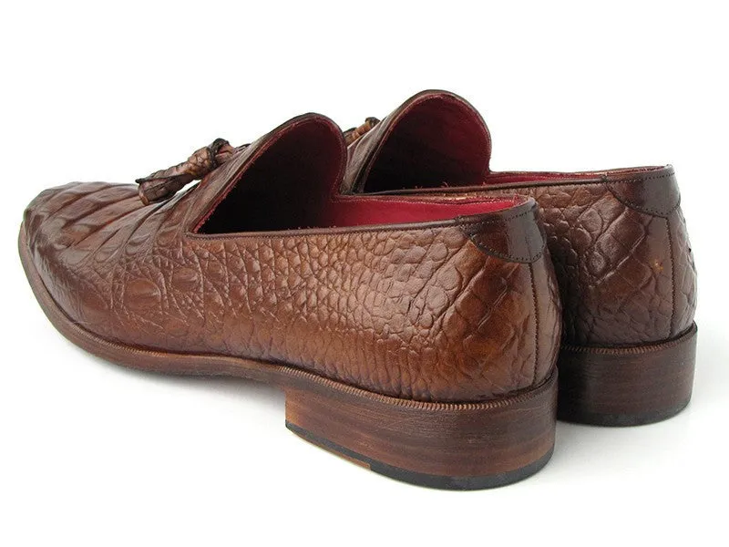 Paul Parkman Brown Crocodile Embossed Tassel Loafer