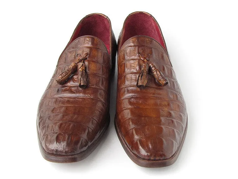 Paul Parkman Brown Crocodile Embossed Tassel Loafer