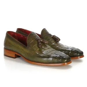 Paul Parkman Men's Green Crocodile Embossed Calfskin Tassel Loafer (ID#PP2281-GREEN)