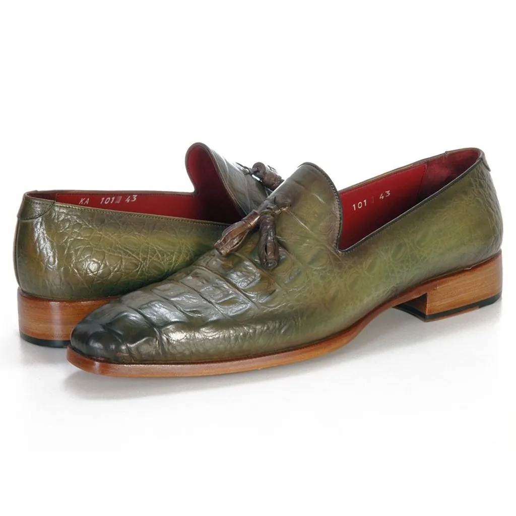 Paul Parkman Men's Green Crocodile Embossed Calfskin Tassel Loafer (ID#PP2281-GREEN)