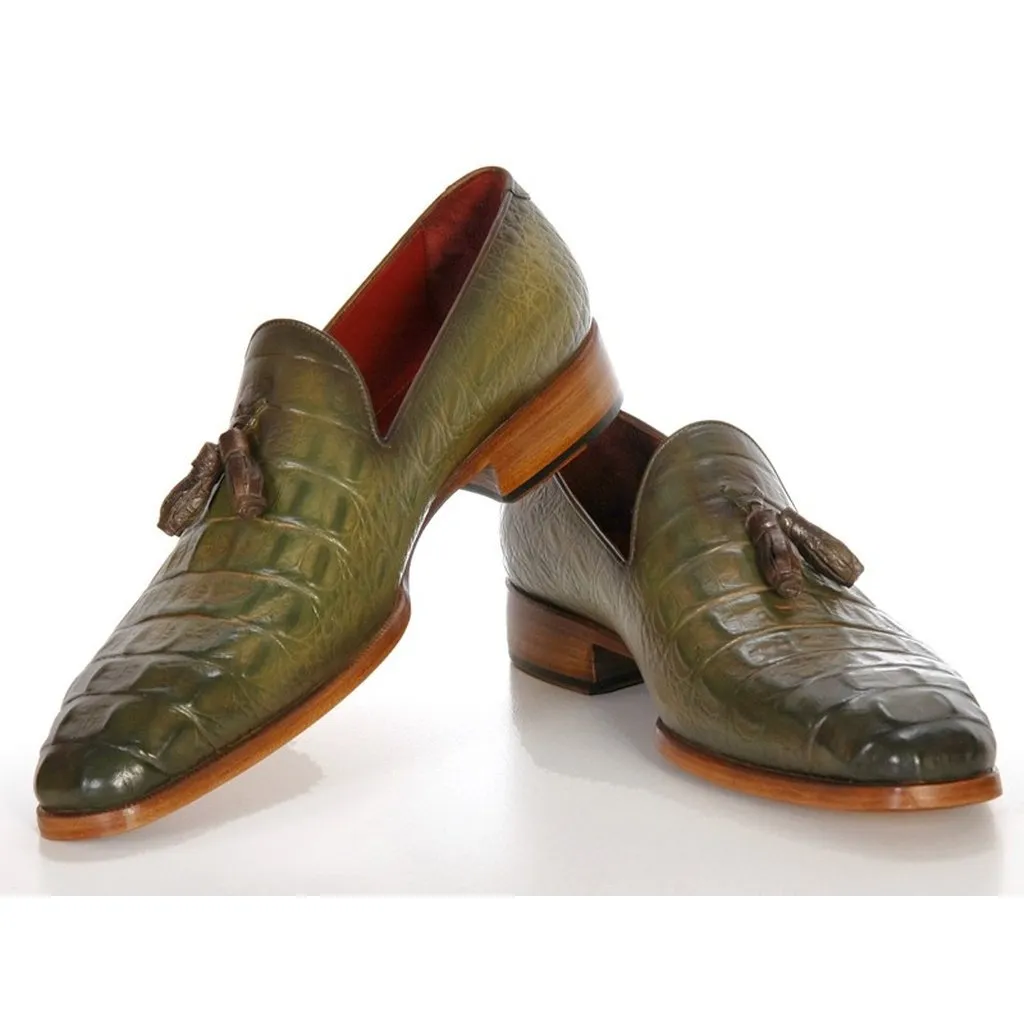 Paul Parkman Men's Green Crocodile Embossed Calfskin Tassel Loafer (ID#PP2281-GREEN)