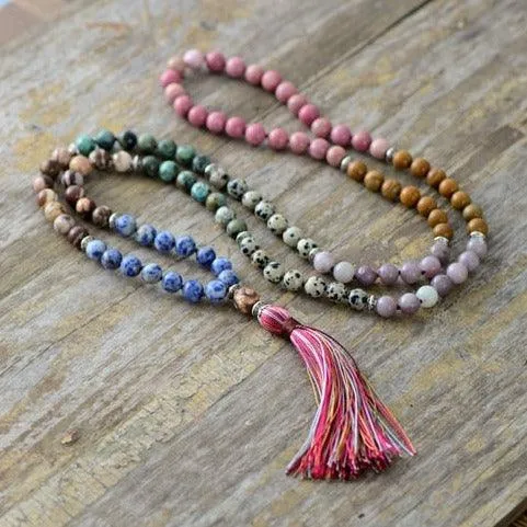 'Pink Tassel' Agate & Jasper 108 Mala Beads Necklace