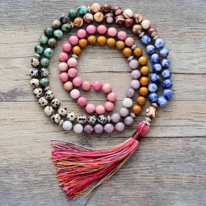 'Pink Tassel' Agate & Jasper 108 Mala Beads Necklace