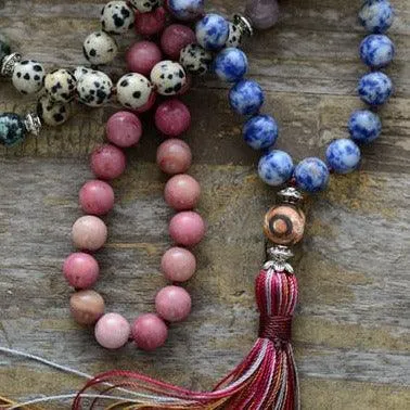 'Pink Tassel' Agate & Jasper 108 Mala Beads Necklace