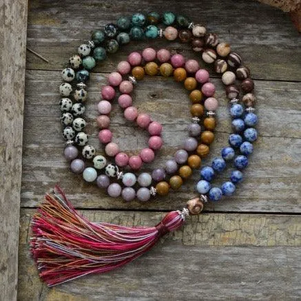 'Pink Tassel' Agate & Jasper 108 Mala Beads Necklace