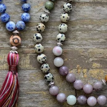 'Pink Tassel' Agate & Jasper 108 Mala Beads Necklace