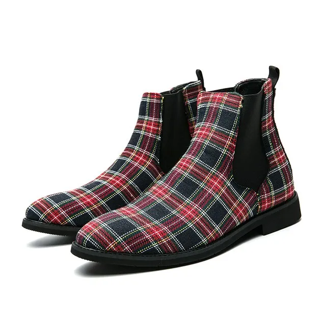 Plaid Pattern Canvas Chelsea Boots