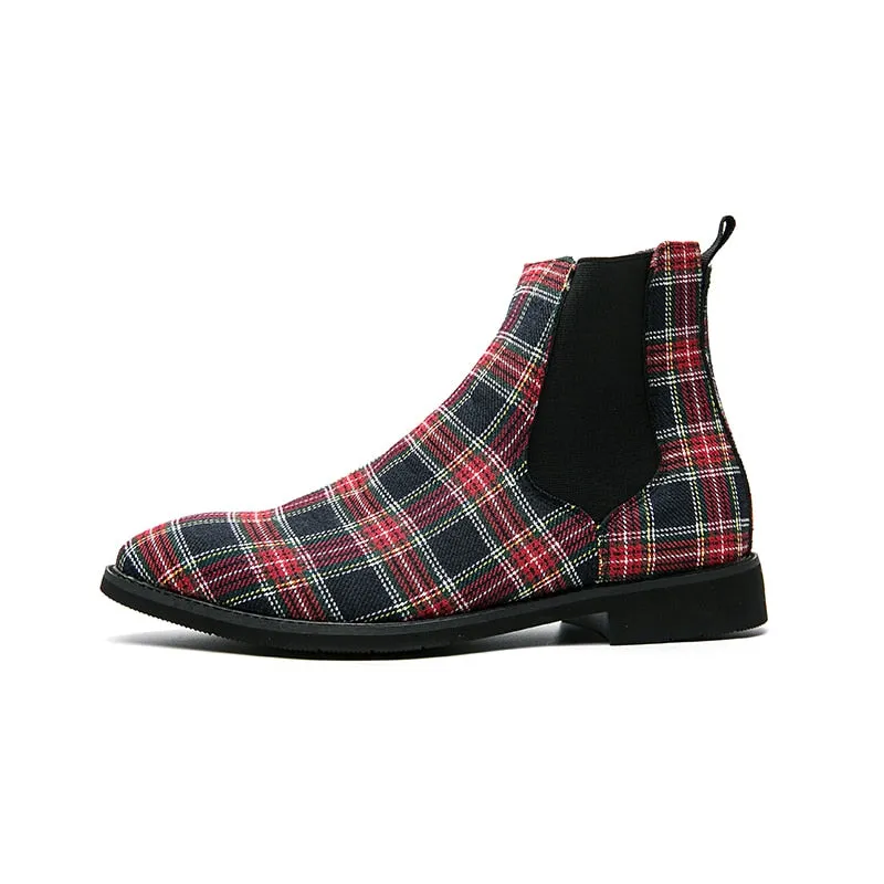 Plaid Pattern Canvas Chelsea Boots