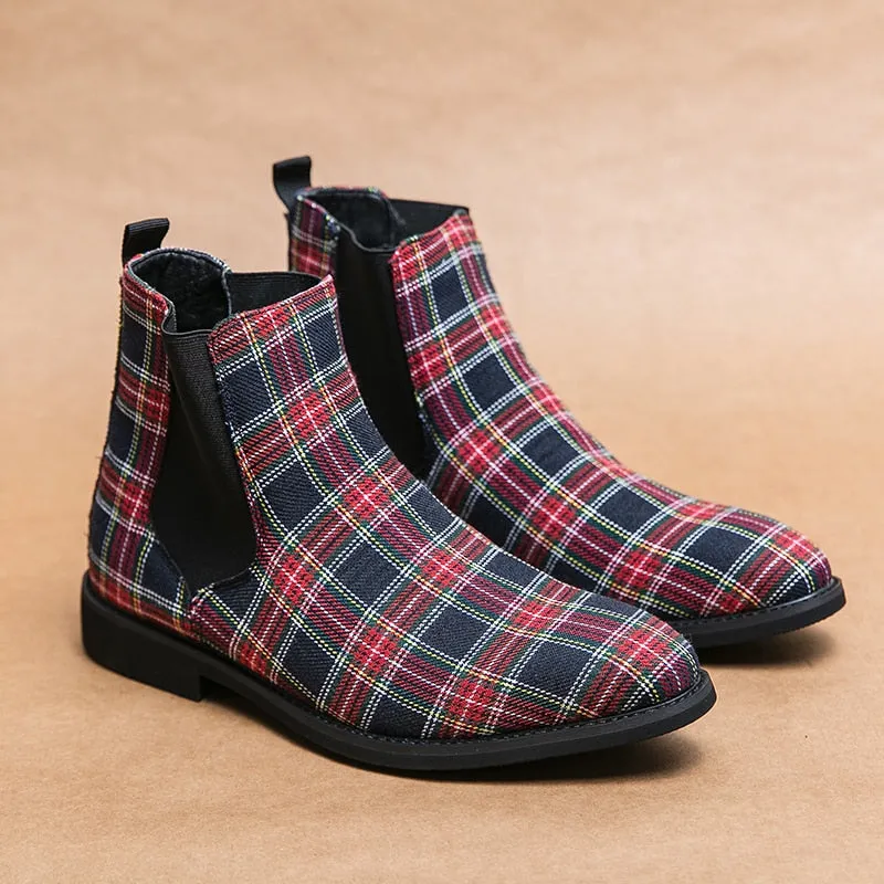 Plaid Pattern Canvas Chelsea Boots