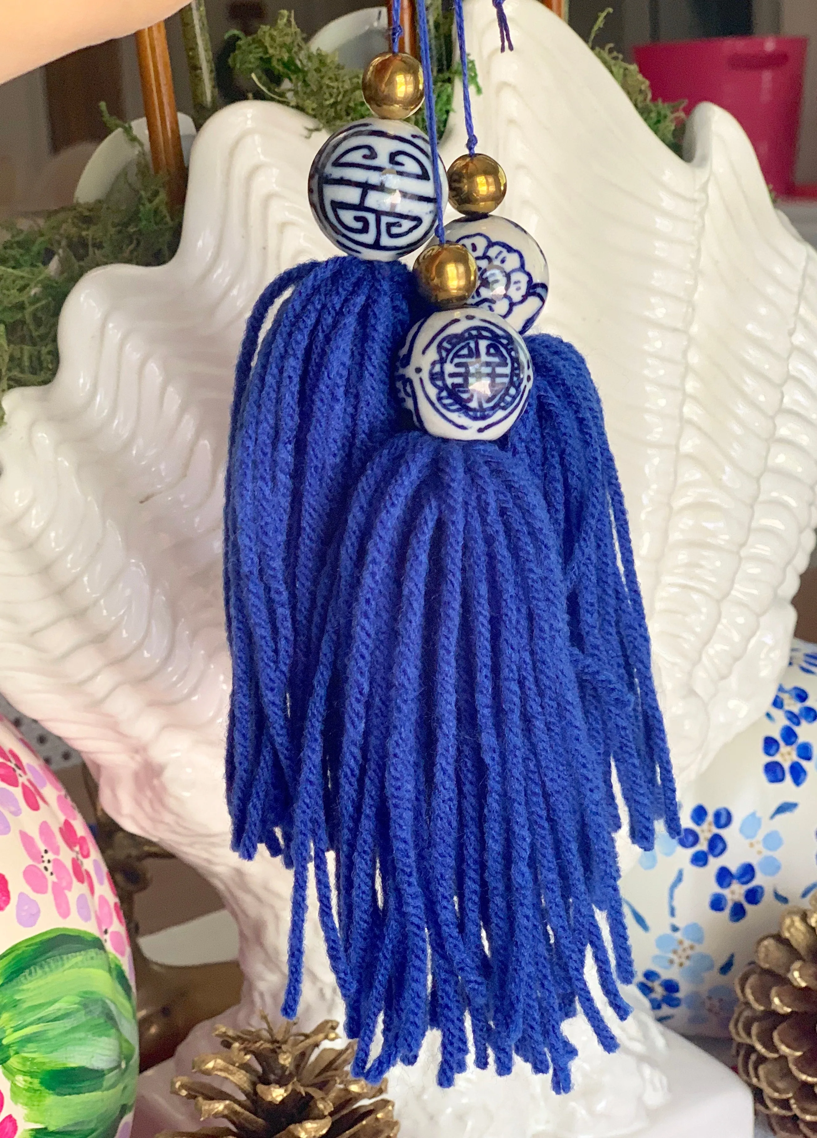 Porcelain Blue and White Chinoiserie Tassels