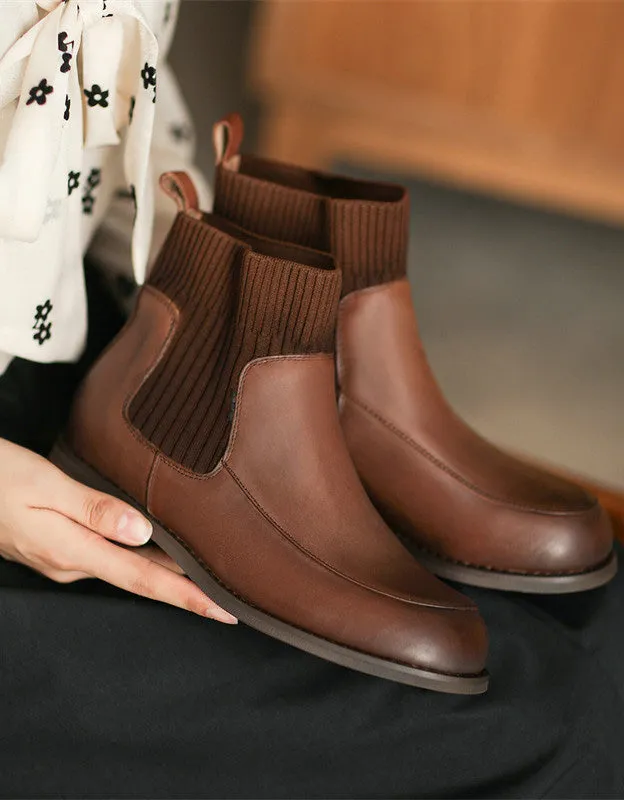 Real Leather Knitted Stitching Winter Ankle Boots