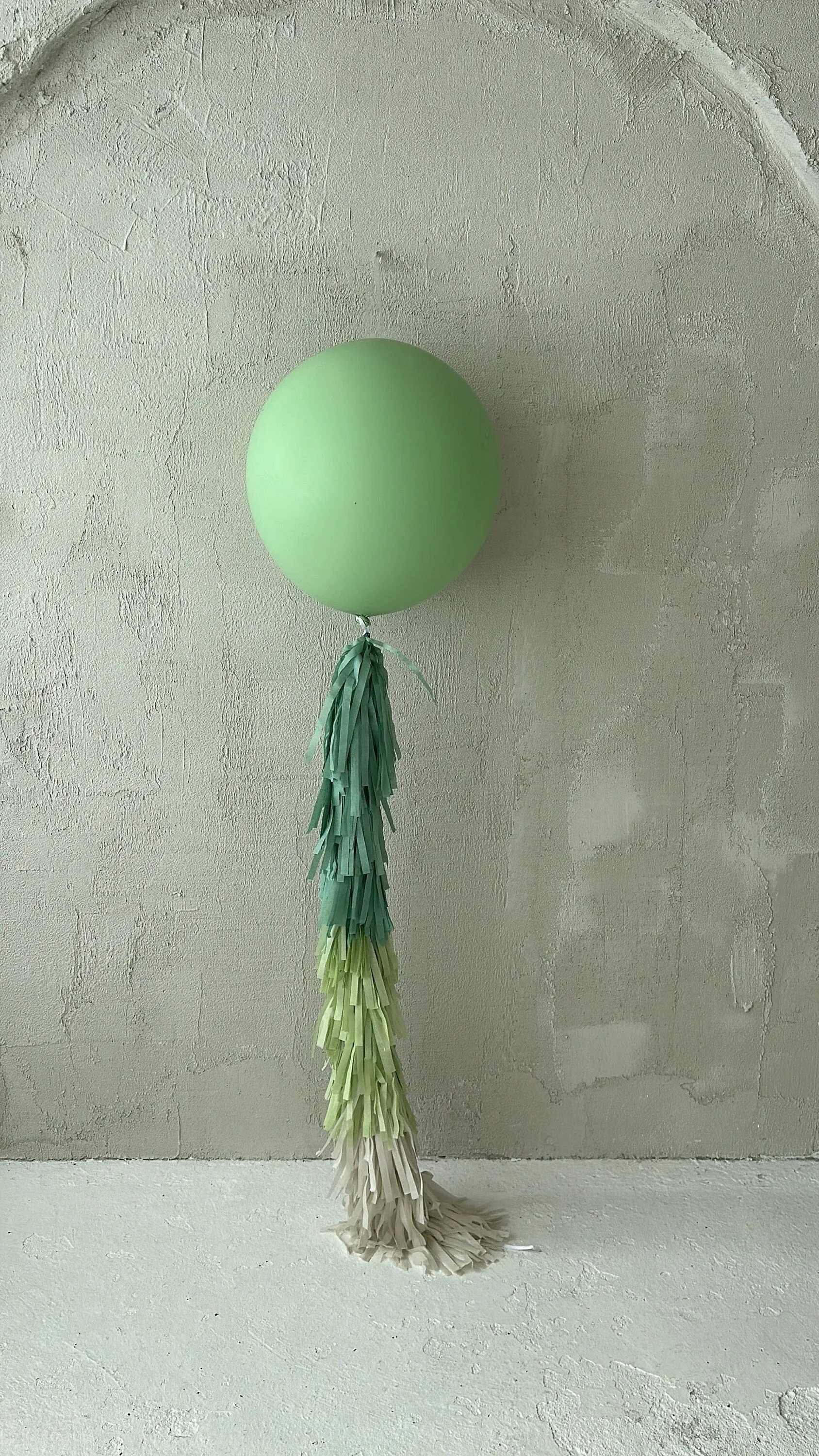 Sage green Giant balloon with green and cream paper fringe tail  baby shower, wedding, birthday party balloon decorations paper tassel tail