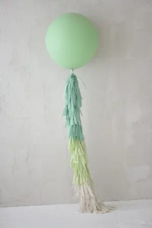 Sage green Giant balloon with green and cream paper fringe tail  baby shower, wedding, birthday party balloon decorations paper tassel tail