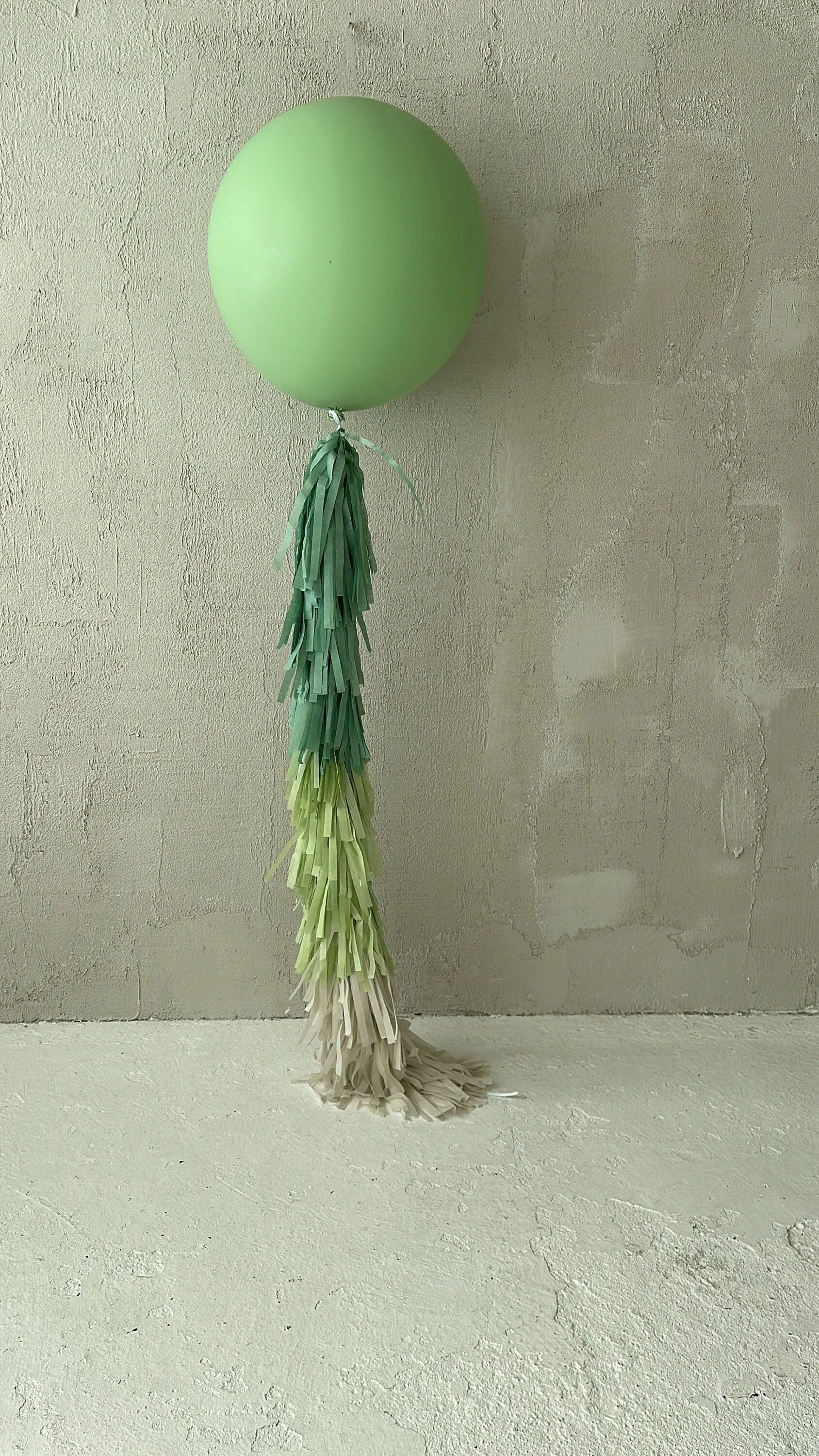 Sage green Giant balloon with green and cream paper fringe tail  baby shower, wedding, birthday party balloon decorations paper tassel tail