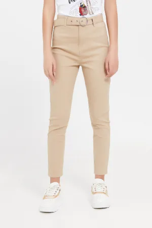 Senior Girls Beige Jeggings With Belt