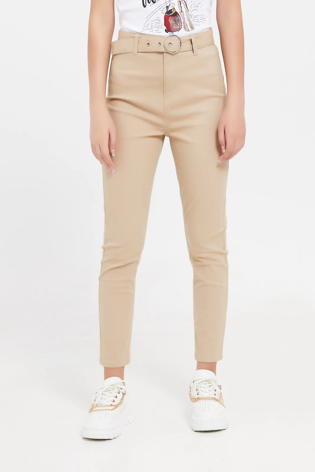 Senior Girls Beige Jeggings With Belt