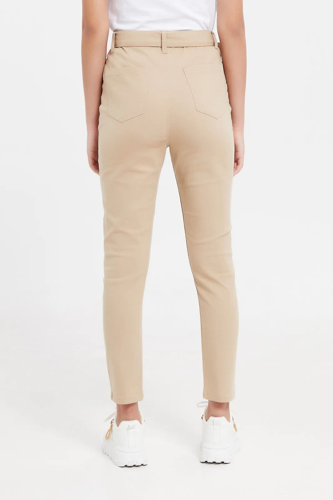 Senior Girls Beige Jeggings With Belt