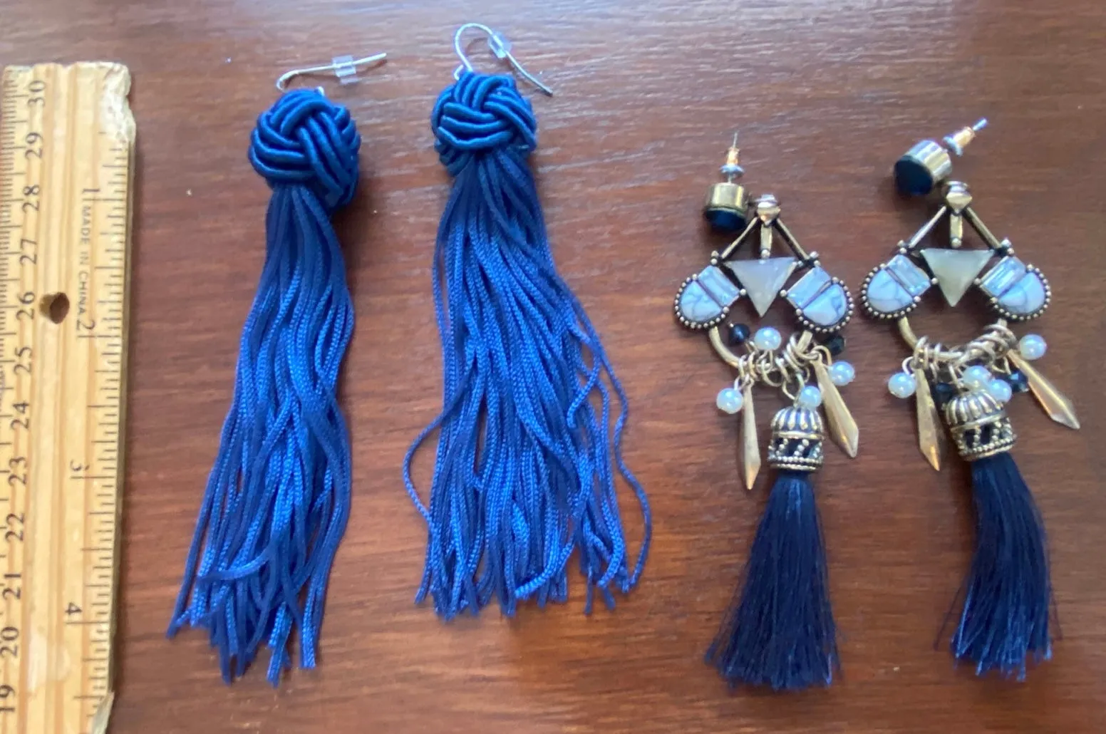 Set of 2 Cobalt Blue Tassel Rhinestone Statement Pageant Pierced Earrings