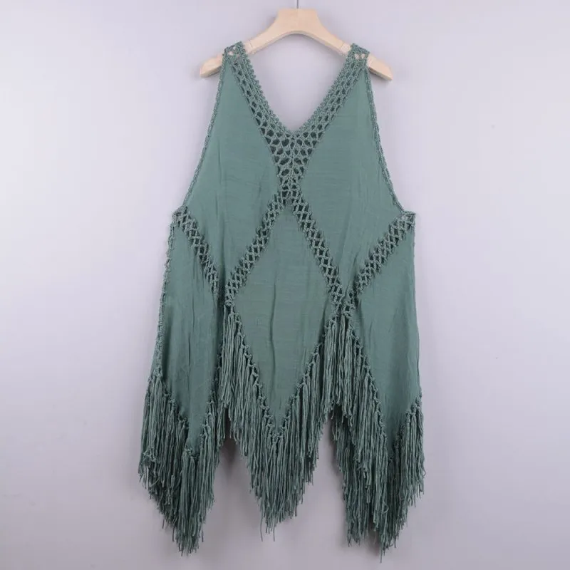 Sexy Hand Crocheting Patchwork Top Loose-Fitting Tassel Vacation Beach Cover-up Sun Protection Clothing