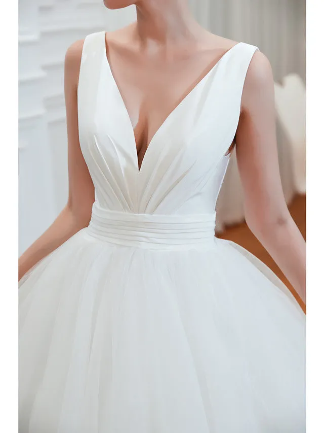 Sexy V-neck sleeveless White Princess Spring Wedding Dress | Elegant Low Back Bridal Gowns with Belt