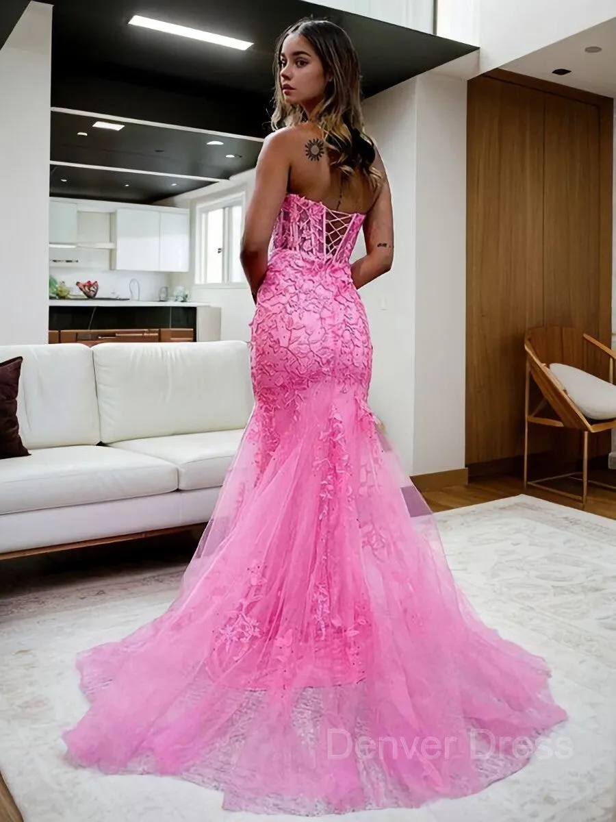 Sheath Sweetheart Court Train Tulle Prom Dresses With Appliques Lace