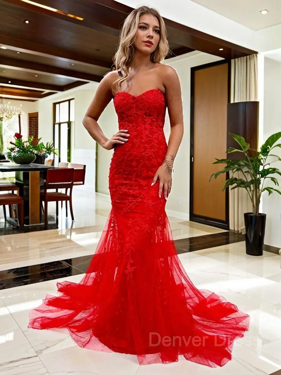 Sheath Sweetheart Court Train Tulle Prom Dresses With Appliques Lace