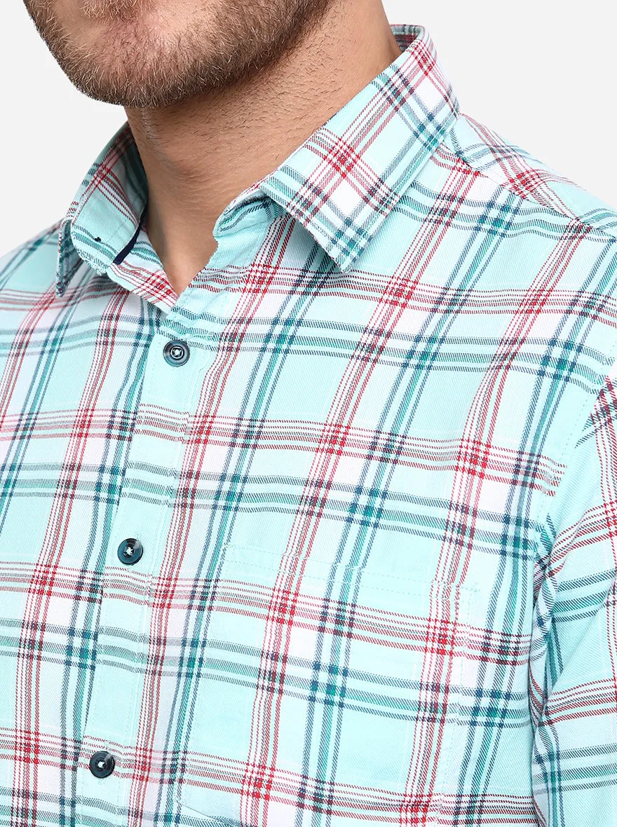 Sky Blue Checked Slim Fit Casual Shirt | Greenfibre