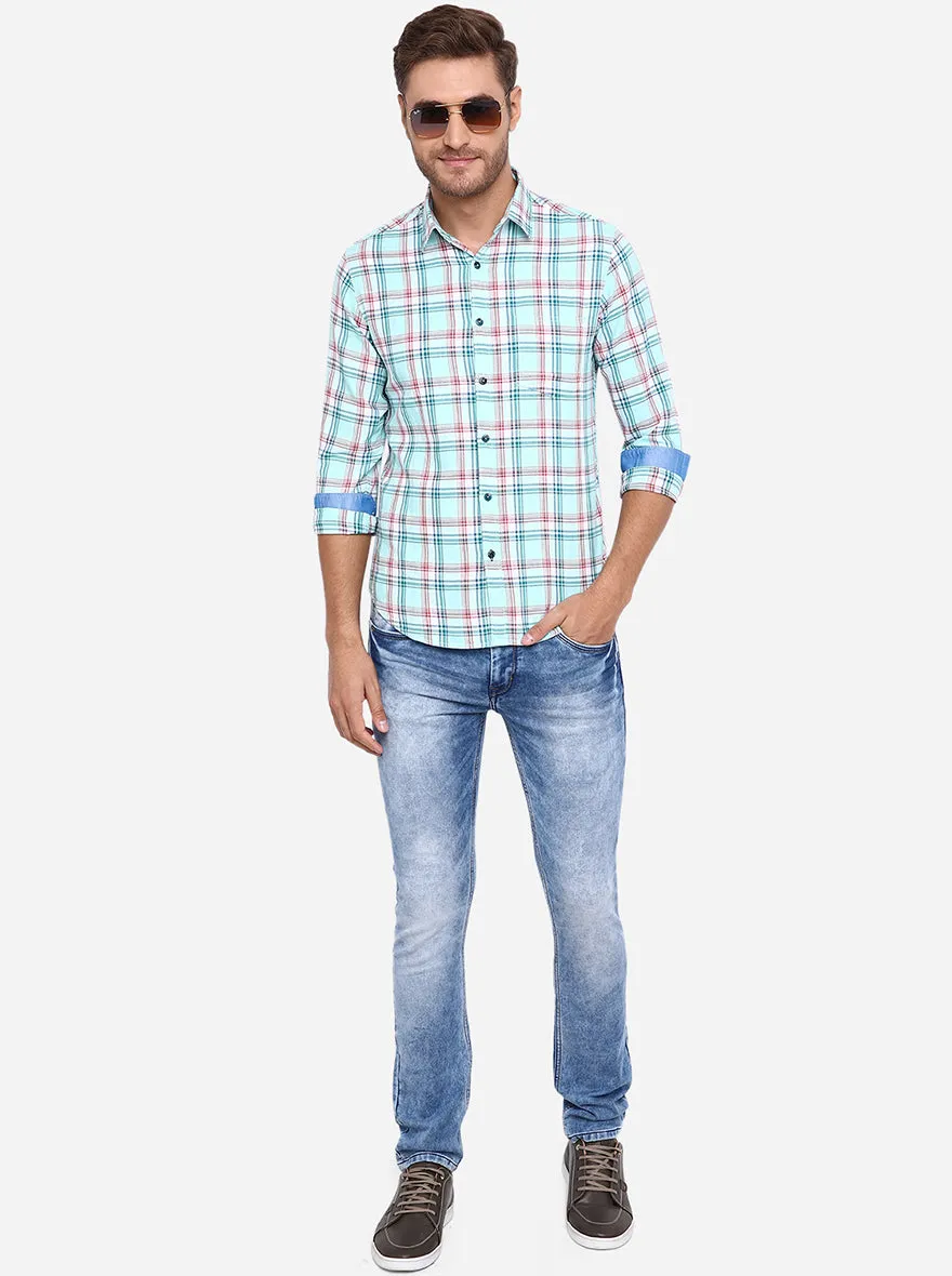 Sky Blue Checked Slim Fit Casual Shirt | Greenfibre