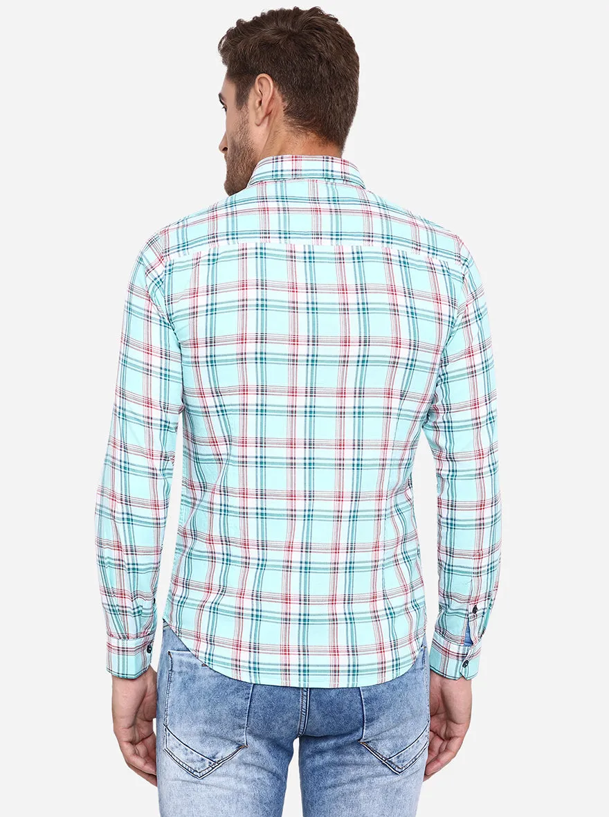 Sky Blue Checked Slim Fit Casual Shirt | Greenfibre